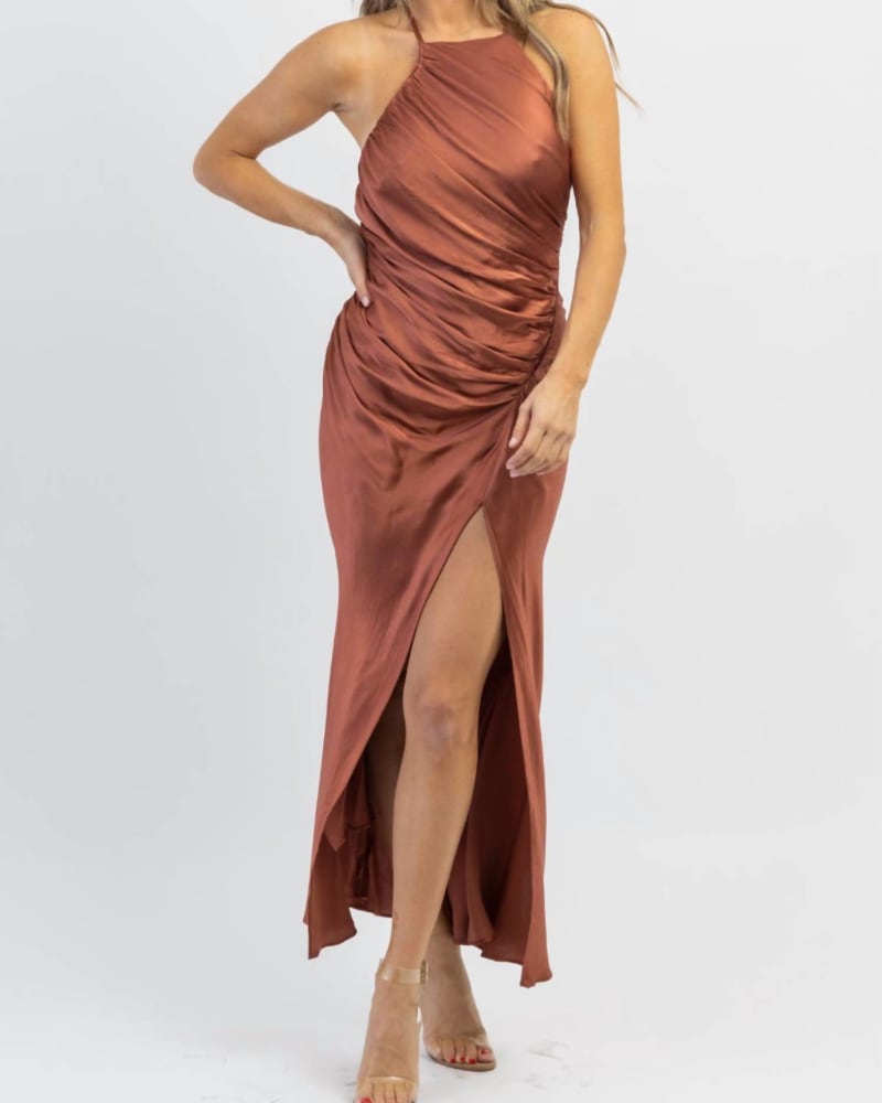 Front of a model wearing a size L Biltmore Satin Shirring Dress In Rust in Rust by MABLE. | dia_product_style_image_id:350542
